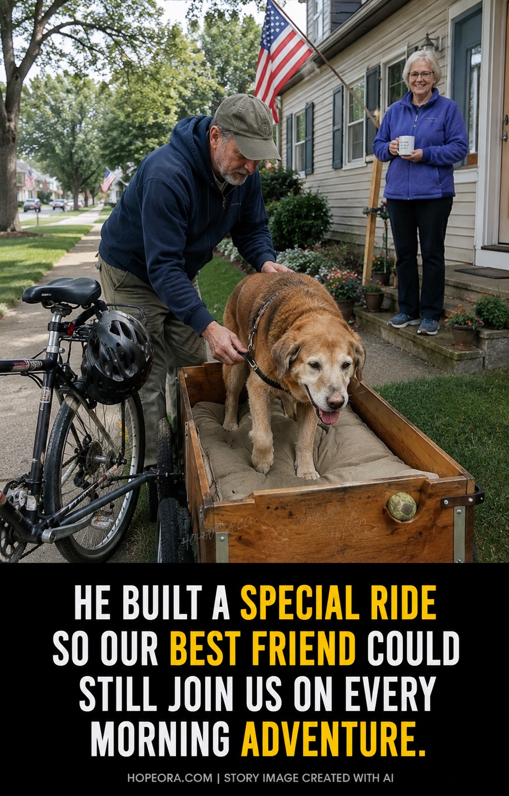 HE BUILT A SPECIAL RIDE SO OUR BEST FRIEND COULD STILL JOIN US ON EVERY MORNING ADVENTURE.