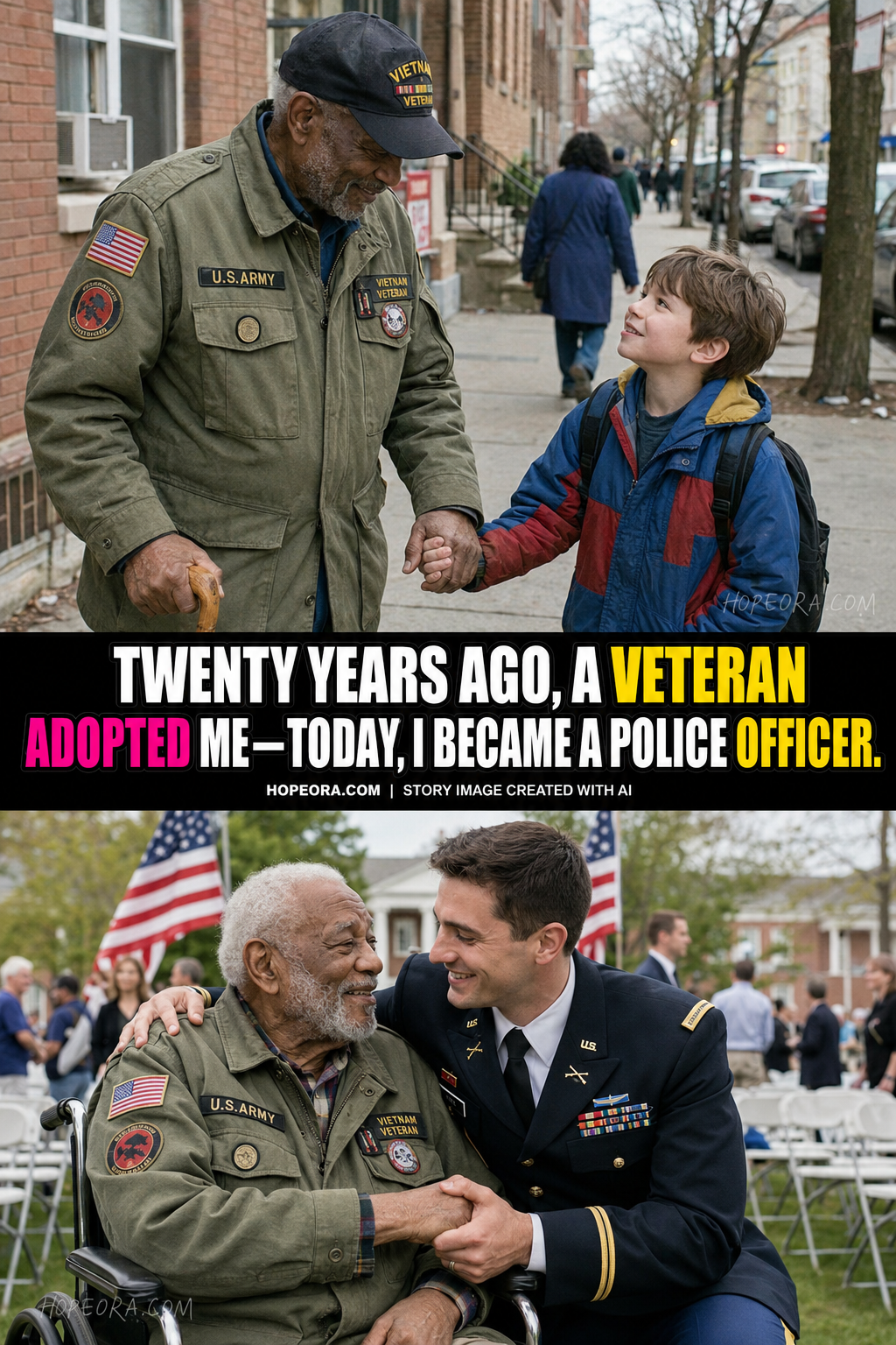 TWENTY YEARS AGO, AN OLD VETERAN ADOPTED ME. TODAY I BECAME AN OFFICER